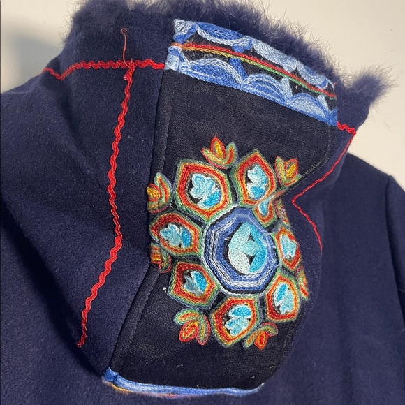 BOHO Navy Hooded Coat – Multi-Color Embroidery & Rabbit Fur Trim & Fringe Hem - Picture 8 of 16